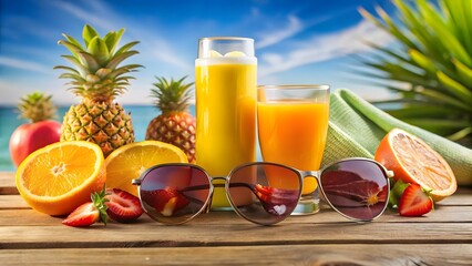 Fototapeta premium Tropical Fruit Juice and Sunglasses on Beach Background