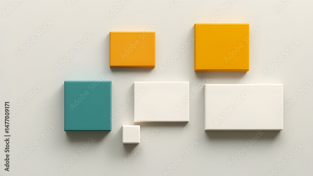 Poster 3d render of a cube | a minimalist arrangement of colorful and white squares on a light background w