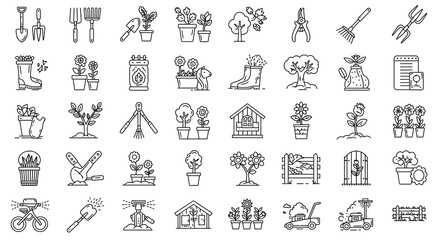 Collection of Gardening Icons: Essential tools, plants, and equipment in a clean line art style for all your gardening needs.
