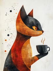 a side profile cat figure hold a cup of coffee, soviet constructivist design style
