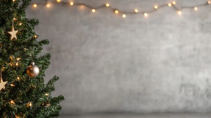 Festive christmas tree with golden ornaments and twinkling lights against a muted gray background