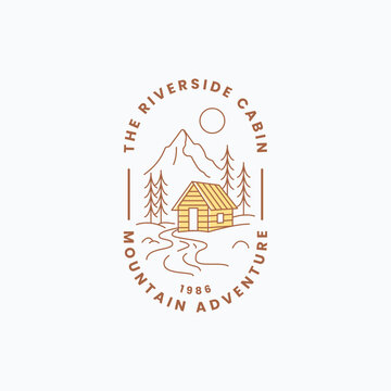 Vintage riverside cabin mountain adventure logo vector illustration design. Simple retro adventure logo concept.