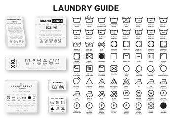 Laundry guide. Laundry label collection with care symbols and washing instructions. Laundry care tags with washing, drying, bleaching, ironing, and cleaning information. Vector