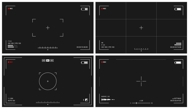 Camera viewfinder overlay collection. Video camera viewfinder on a black background. Video camera viewfinder display frame with indicators for recording video and photos. Vector