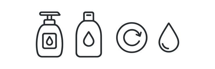 Fototapeta premium Hand soap and shampoo bottle with recycle and water drop symbols vector icon illustration