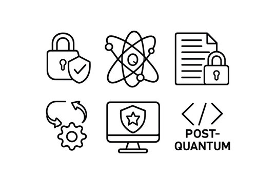 Post-quantum cryptography icons security, atom, blockchain, gear, shield, code vector icon illustration
