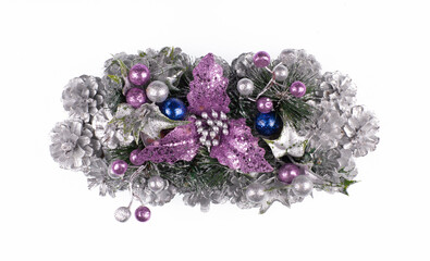 Christmas silver composition with fir cones isolated on white background