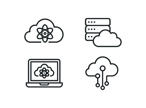 Cloud computing icons data storage, network, technology symbols in black and white vector icon illustration