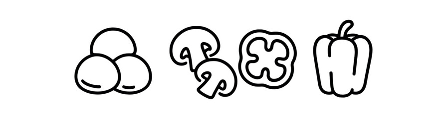 Fototapeta premium Simple black and white vegetable icons with bell pepper, mushroom, tomato vector icon illustration