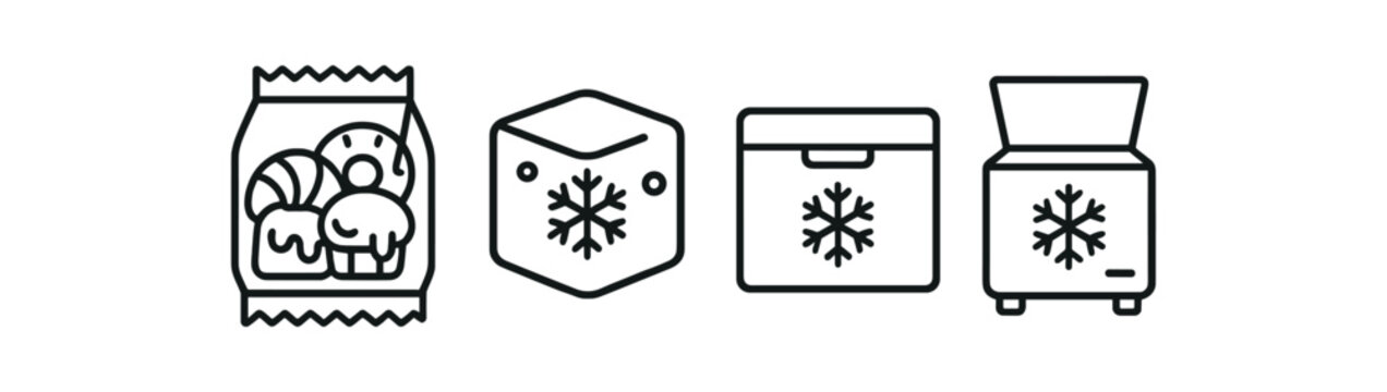 Outline icons of ice cube, freezer, and ice maker with frozen food bag vector icon illustration