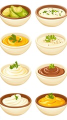 Assortment of Dips and Sauces in Bowls, Top-Down View, Creamy, Avocado, Mustard, Chocolate, Parsley Garnish, Culinary Delights, Food Illustration