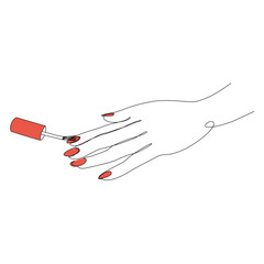 The lady does a manicure, paints her nails with varnish. Silhouette of female hands in a modern one line style. Solid line, aesthetic outline for decor, posters, stickers, logo. Vector illustration.