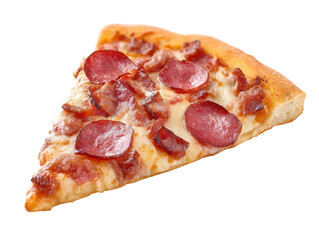 Close-up Slice of Delicious Pepperoni Pizza with Bacon on a White Background Isolated for Food and Restaurant Concepts