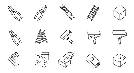 An array of black and white outline drawings depicting a variety of tools and equipment commonly used for construction and home improvement.