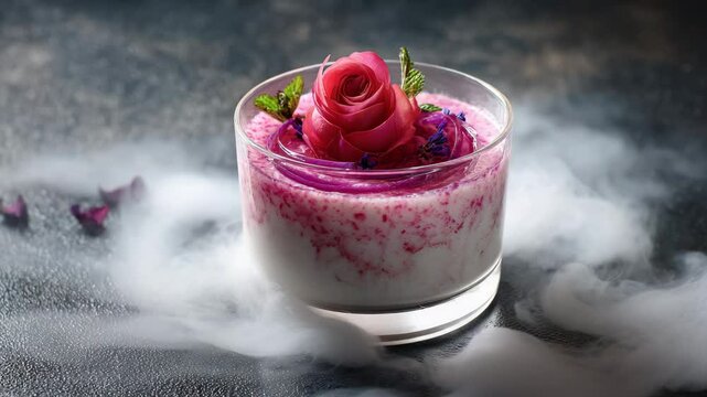 Pink rose adorns a creamy dessert in a glass bowl, set against a dark background with ethereal fog. Pink and purple accents add to the dreamy aesthetic.