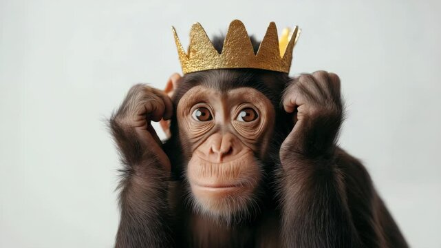 A monkey wearing a crown and looking at the camera.