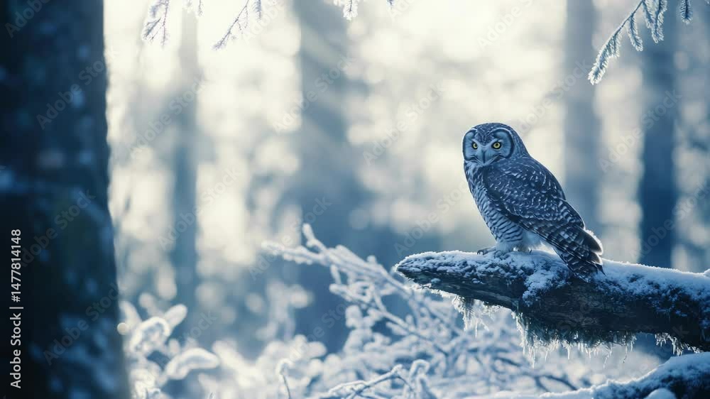 Poster a bird sits on a tree branch amidst the snow-covered trees of a winter forest