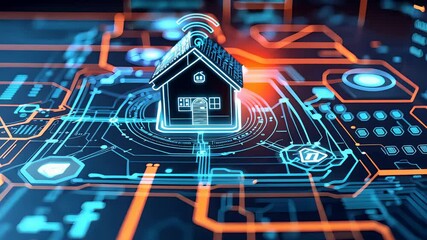Digital smart home concept with home icon surrounded by glowing circuitry, connected technology and futuristic data processing in a cyber network.
- Powered by Adobe