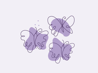 Three Abstract Butterflies Line Art Design Element Purple Background