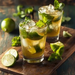 Refreshing Mojito Cocktails with Lime and Mint on Wooden Board Close Up Summer Drink Still Life