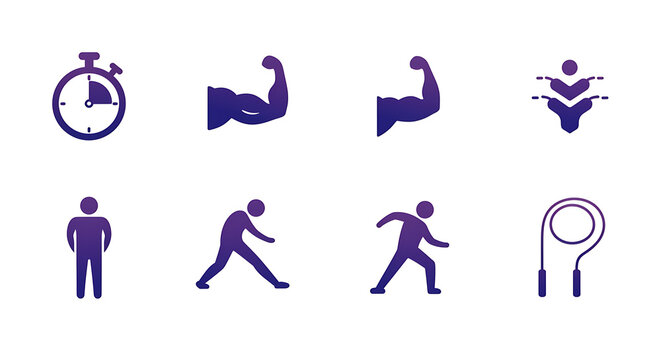 Workout icons for exercise, fitness, and weight loss. Stopwatch, bicep, body stretching, running and jump rope icons set