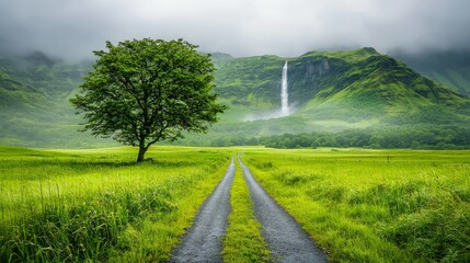 Scenic country road with lush grass and waterfall rural landscape gigapixel photography serene environment