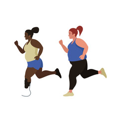 Two overweight women are involved in sports. Jogging. One woman with a prosthetic leg.