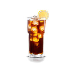 Iced tea with lemon slices and ice cubes in glass on transparent background  