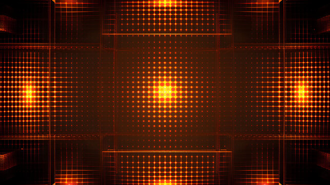 Abstract glowing orange grid pattern with central light source and geometric shapes overlaying it