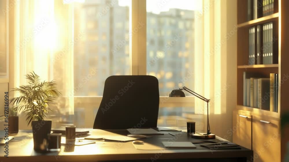 Poster A desk setup with a laptop and lamp facing a window, ideal for working remotely or studying