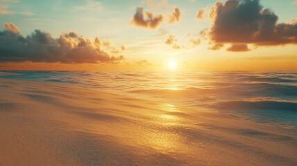 Fototapeta premium A serene beach scene at sunset with golden sand and a vibrant sky, ideal for summer-themed promotions and travel marketing