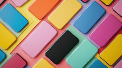 Many colorful smartphones lying on colorful background with blank screen