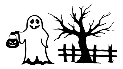 Spooky halloween scene with ghost carrying pumpkin and bare tree