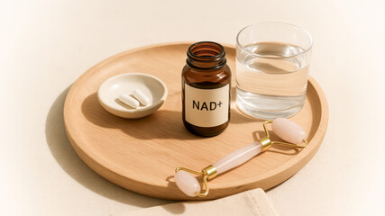 NAD+ Supplement Bottle With Capsules, Glass Of Water And Face Roller On Wooden Tray For Anti-Aging And Wellness Visuals. Concept Of Cellular Health, Daily Self-Care, Longevity Support, And Nutrition
