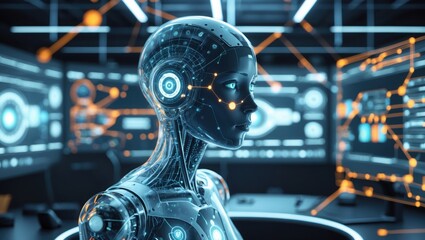 Cyborg Woman in Futuristic Control Room. Robot has glowing lines and circles. Concept for AI.