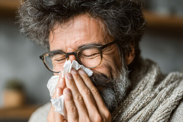 Sad Arab male with beard and glasses suffering from flu or covid indoors, holding tissue, sneezing, and displaying discomfort and cold symptoms