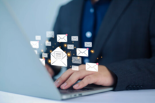 Sending email notification alert, Email marketing concept, Receiving laptop computer message alert, digital technology email on virtual screen, Inbox, internet technology, Inbox