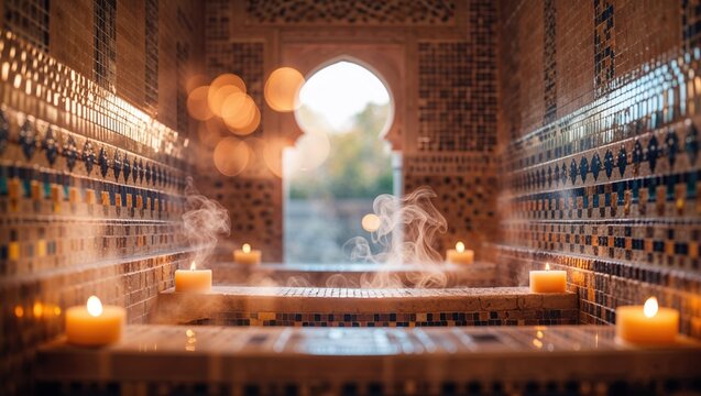 Luxurious Spa Interior. Decorative mosaic walls. Candles burning on edges of hot tub with steam. Relaxation ambiance in luxury setting.