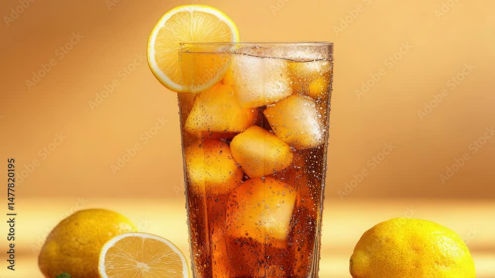 Poster a refreshing glass of iced tea served with slices of lemon on a table