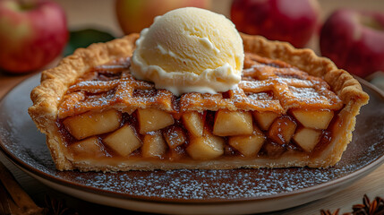 Freshly Baked Apple Pie with Ice Cream and Applese in Background