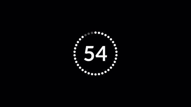 One minute countdown timer animation from 60 to 0 on a transparent background, 60 seconds countdown timer with alpha channel, 1 minute circle countdown.	