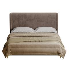 A bed with a brown headboard and a tan comforter