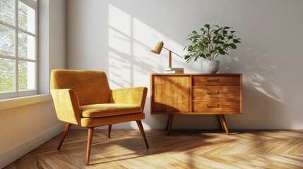 modern living room, Mockup of a TV wall-mounted with an armchair in a living room featuring a white wall, 3D rendering with perfect lighting