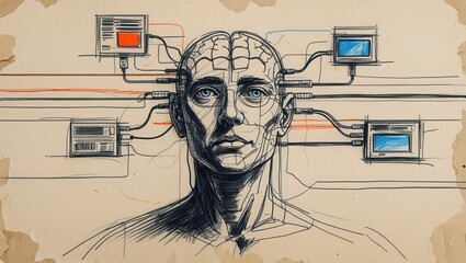 Handdrawn human head connected to computers. Brain linked by cables. AI takeover concept