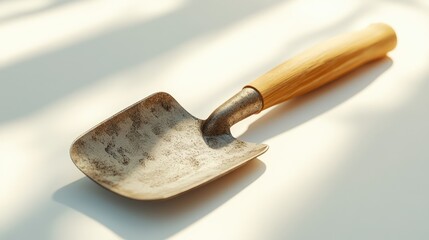 Rusty trowel on a white surface.  A weathered gardening tool with a wooden handle