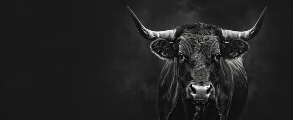 Black and white portrait of strong bull with horns on black background. African animal, nature wildlife concept