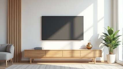 Modern interior with blank TV screen on wall above wooden cabinet with decor in natural light, perfect for design mockup and branding template.