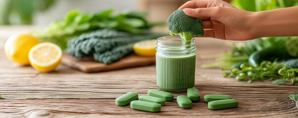 Person's hands placing a mini broccoli beside a green detox smoothie in a mason jar. The background includes scattered leafy greens and lemon slices.