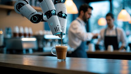 Robotic arm pours coffee in cup. Barista standing at counter background. Automation concept