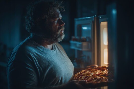 Man with unhealthy eating habits opening fridge at night, looking for food in a dark kitchen, holding a slice of pizza and rubbing his belly, showing late-night cravings